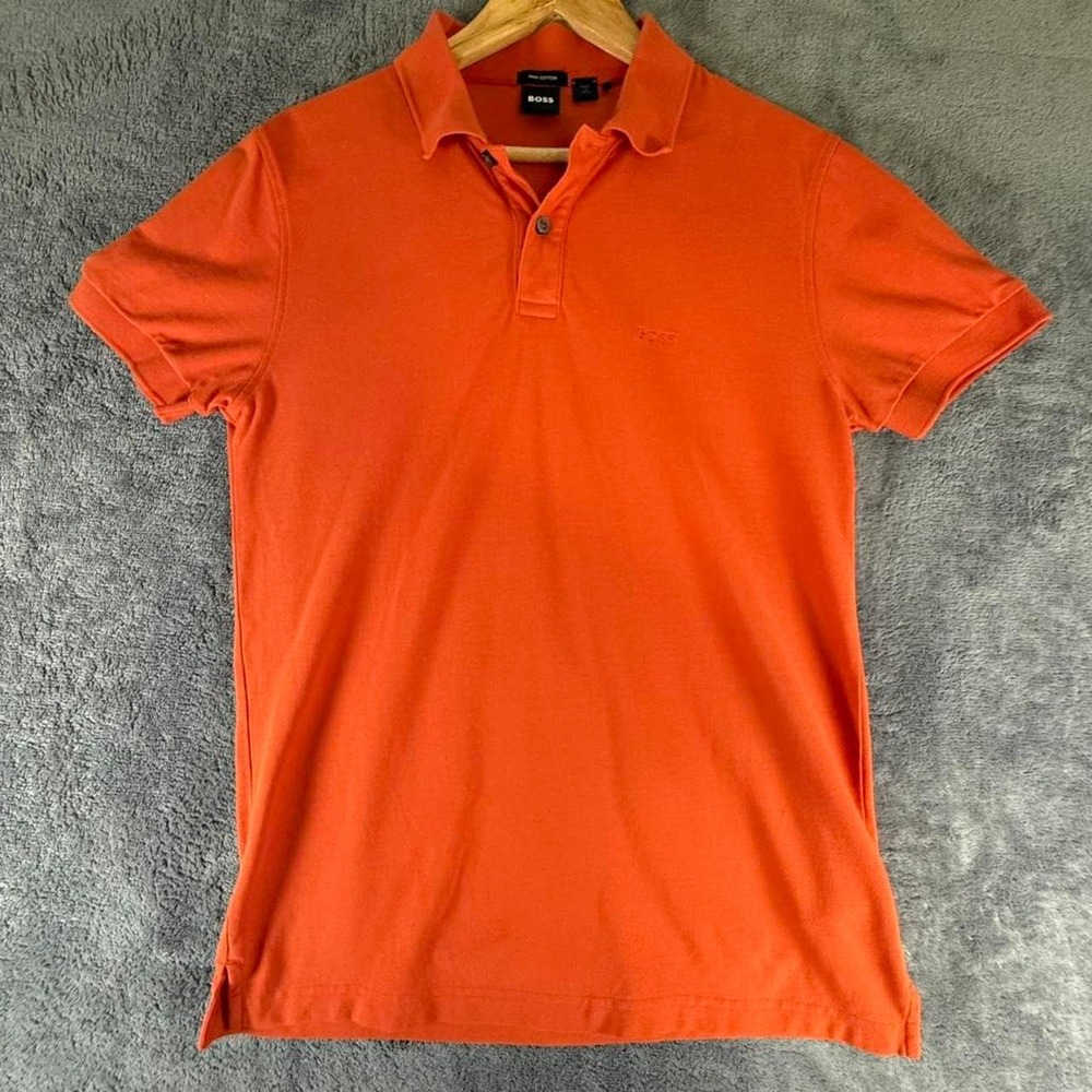BOSS Solid Polo Shirt Men's Orange Pima Cotton Short Sleeve Logo M